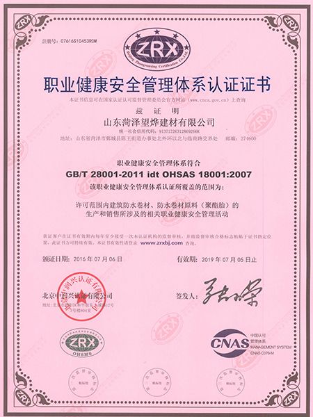 职业健康安全质量管理体系证书中文